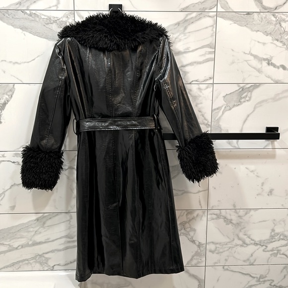7 FOR ALL MANKIND vegan leather Patent Faux Fur Trimmed Trench Coat size M - Picture 2 of 11